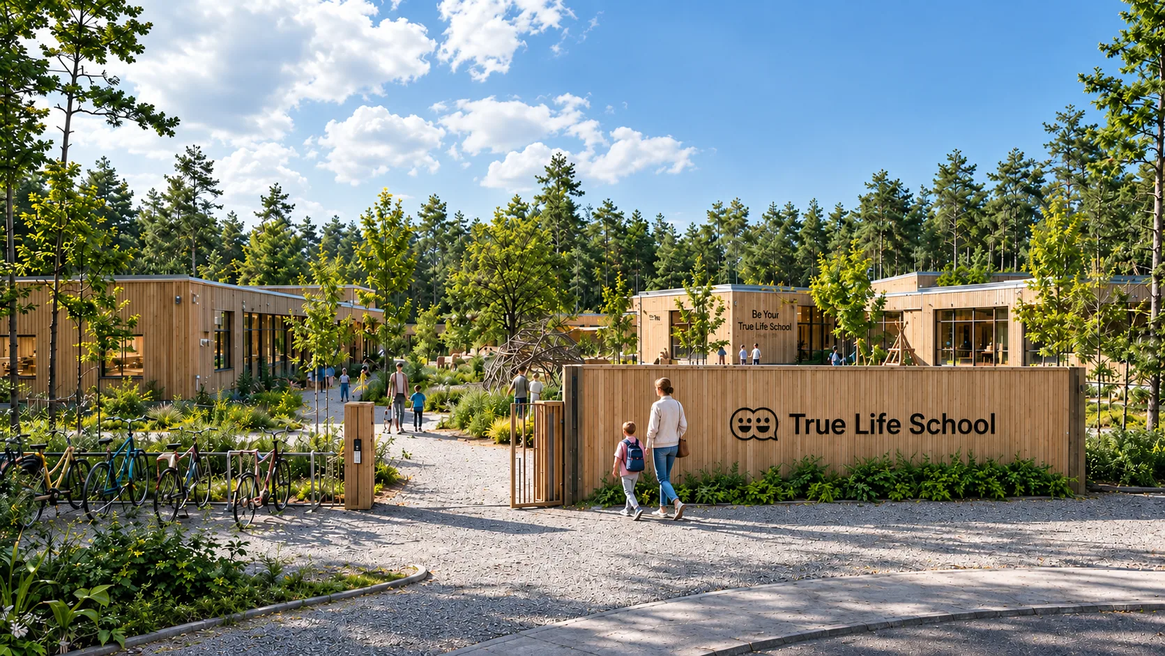 Brama kampusu True Life School — rodzic i dziecko wchodzą obok drewnianej ściany z nazwą, z boku zaparkowane rowery, w głębi niskie drewniane budynki wśród sosen